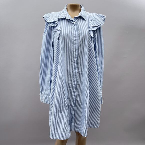 Paul & Joe Sister Dress Women M/L Blue Striped Shirt Trapeze Ruffle Preppy READ - Picture 1 of 9